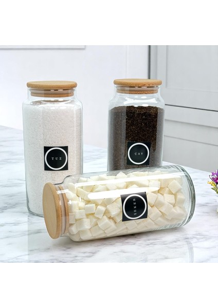 3'lü Ahşap Vakum Kapaklı Cam Çay Şeker Tuz Saklama Kavanozu 1400 ml Etiket Hediyeli indirimleri