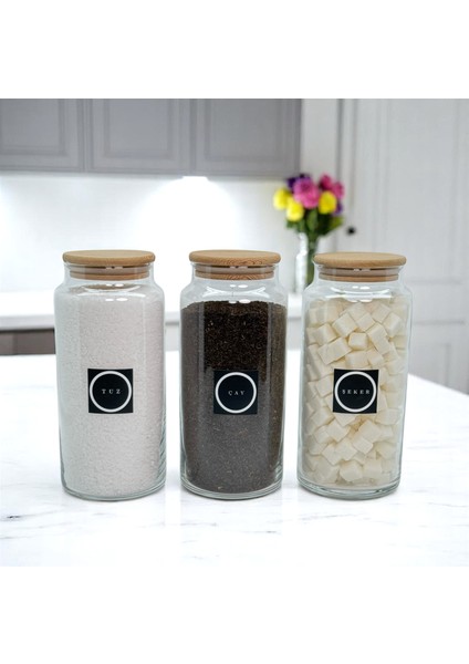 3'lü Ahşap Vakum Kapaklı Cam Çay Şeker Tuz Saklama Kavanozu 1400 ml Etiket Hediyeli
