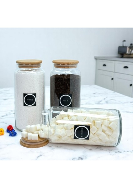 3'lü Ahşap Vakum Kapaklı Cam Çay Şeker Tuz Saklama Kavanozu 1400 ml Etiket Hediyeli