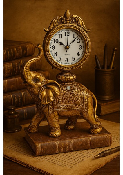 Altın Renk Fil Figürlü Masa Saati – 25X18 cm Dekoratif ve Şık Tasarım Premium Hediye