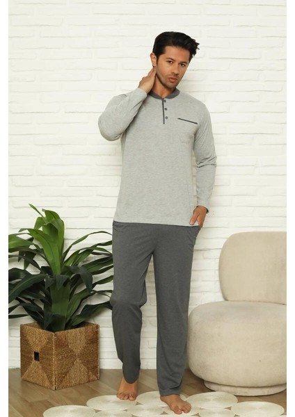 Erkek 3 Düğmeli Çizgi Desenli %100 Pamuk Uzun Manşetli Kol Cepli Pijama Takımı
