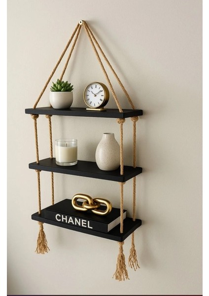 3 Katlı Dekoratif Ahşap Halatlı Duvar Rafı Kitaplık & Çiçeklik Uçan Raf 35CMX13CMX90CM