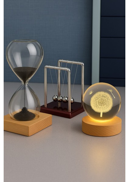 3 Lü Masa Üstü Seti – Newton Balans, Kum Saati, Usb'li LED Işıklı Karahindiba Küre Ofis Hediyesi
