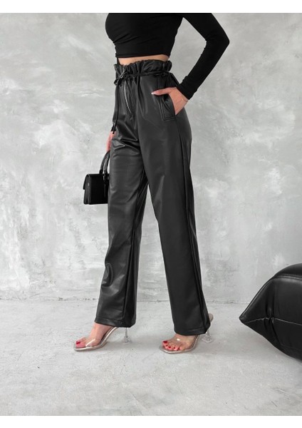Kendinden Ince Kemerli Deri Pantolon Siyah T1178