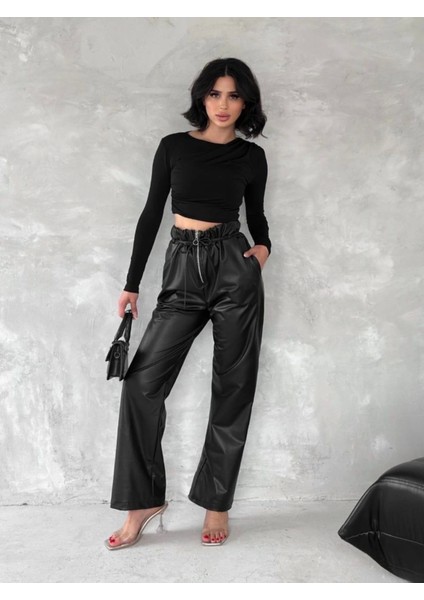 Kendinden Ince Kemerli Deri Pantolon Siyah T1178