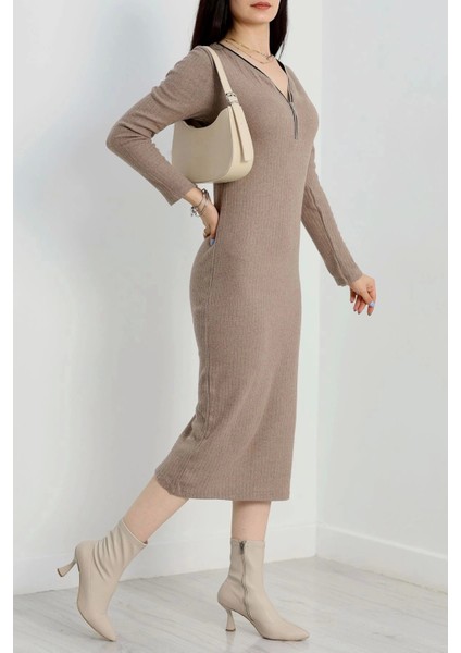 Fermuar Detaylı Fitilli Şardonlu Elbise Bej A3178 indirimleri