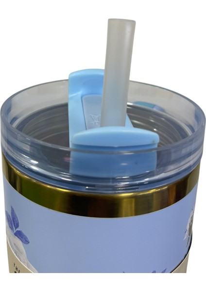 Mavi Çiçek Desen Pipetli Ithal Termos Bardak 1.18 L