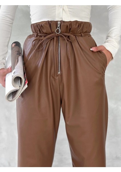 Kendinden Ince Kemerli Deri Pantolon Kahve T1178 fiyatları