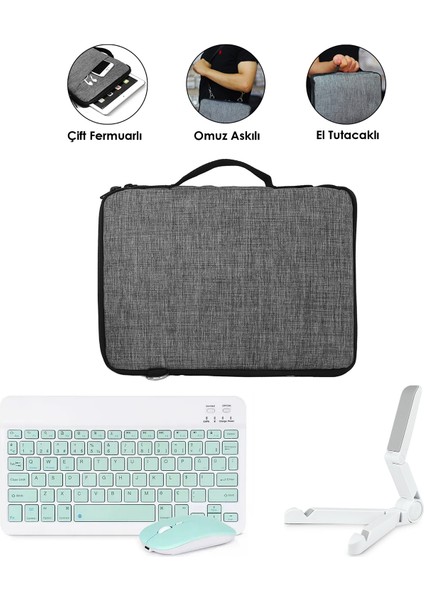 Samsung Galaxy Tab S6 Lite SM-P610 P610 10.4 Inch Tablet Uyumlu Gri Çanta + Türkçe Bluetooth Klavye +Mouse + Standı - Yeşil AL5161
