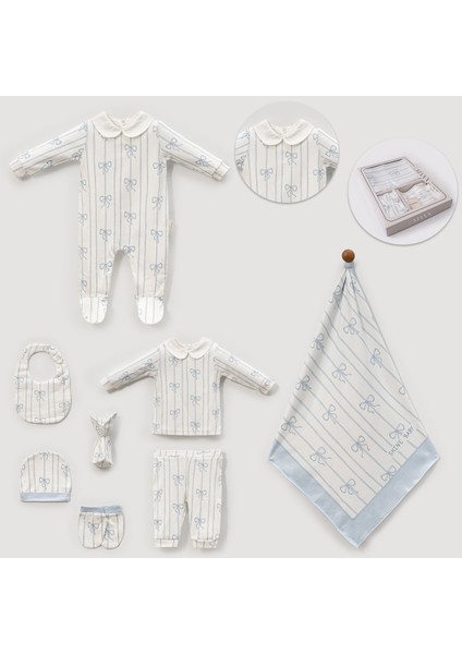 Unisex Bebek Pamuklu Ekru Mavi Fiyonklu Çizgili 8 Parça Kutulu Hastane Çıkış Seti – Hediye Paketli