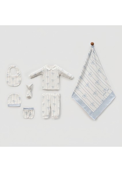 Unisex Bebek Pamuklu Ekru Mavi Fiyonklu Çizgili 8 Parça Kutulu Hastane Çıkış Seti – Hediye Paketli fırsatları