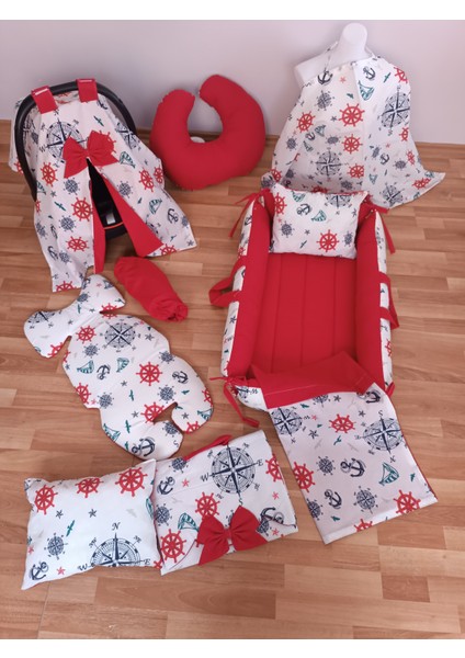 Pusulalı Kırmızı Kare Yataklı 10 Parça Babynest Seti