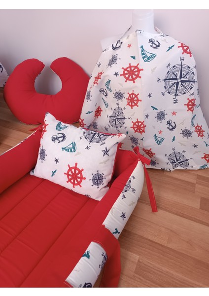 Pusulalı Kırmızı Kare Yataklı 10 Parça Babynest Seti modelleri