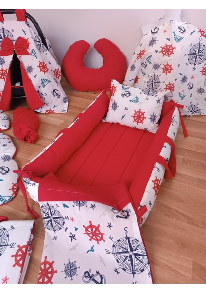 Pusulalı Kırmızı Kare Yataklı 10 Parça Babynest Seti fırsatları