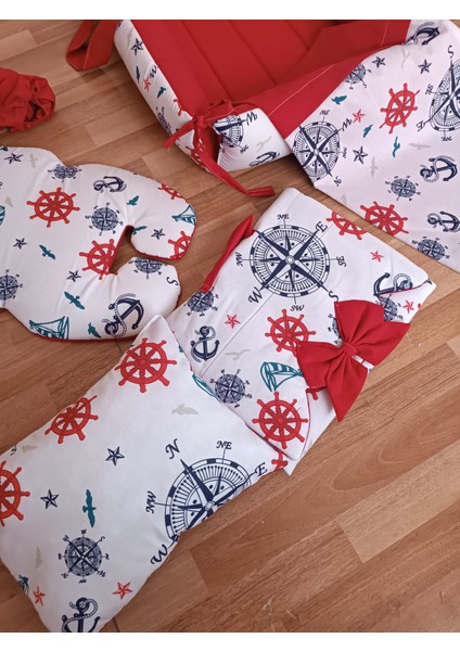 Pusulalı Kırmızı Kare Yataklı 10 Parça Babynest Seti