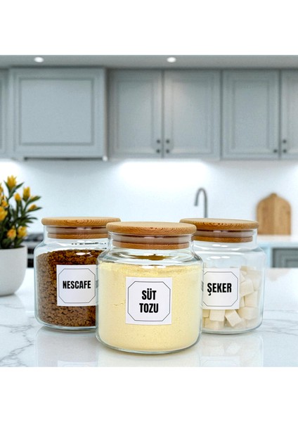 3'lü Ahşap Vakum Kapaklı Cam Hazır Kahve Süt Tozu Şeker Saklama Kavanozu Seti 500 ml Etiket Hediyeli