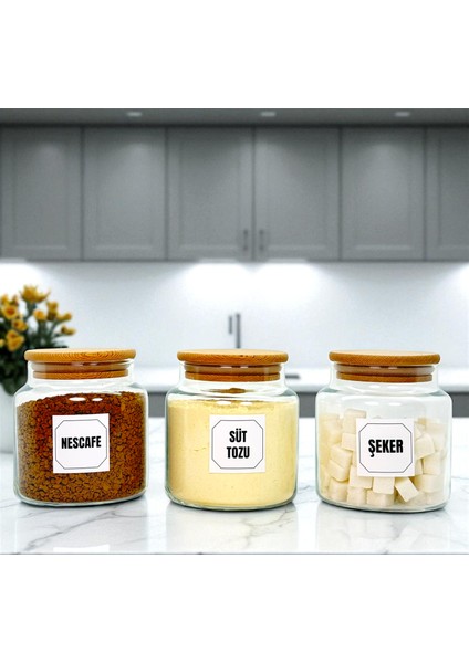 3'lü Ahşap Vakum Kapaklı Cam Hazır Kahve Süt Tozu Şeker Saklama Kavanozu Seti 500 ml Etiket Hediyeli modelleri