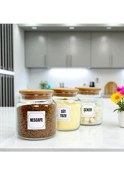 3'lü Ahşap Vakum Kapaklı Cam Hazır Kahve Süt Tozu Şeker Saklama Kavanozu Seti 500 ml Etiket Hediyeli fırsatları