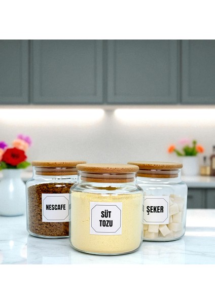 3'lü Ahşap Vakum Kapaklı Cam Hazır Kahve Süt Tozu Şeker Saklama Kavanozu Seti 500 ml Etiket Hediyeli indirimleri