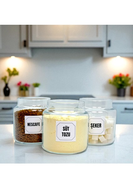3'lü Ahşap Vakum Kapaklı Cam Hazır Kahve Süt Tozu Şeker Saklama Kavanozu Seti 500 ml Etiket Hediyeli