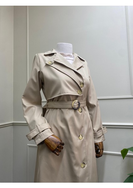 Çift Yakalı Uzun Kollu Kemerli Kruvaze Tesettür Trençkot