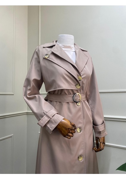 Çift Yakalı Uzun Kollu Kemerli Kruvaze Tesettür Trençkot