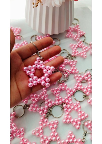 15 Adet Uzun Zincirli Inci Yıldız Anahtarlık-Yeni Doğan-Mevlid-Sünnet Hediyesi-Doğum Günü