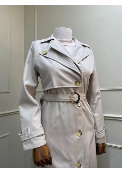 Çift Yakalı Uzun Kollu Kemerli Kruvaze Tesettür Trençkot