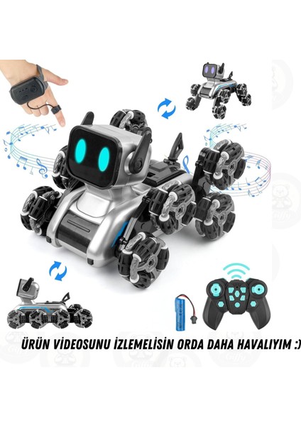 Oyuncak 2.4 Ghz Uzaktan ve Bilekten Kumandalı Şarjlı 8 Teker Akrobat Robot Köoek Müzikli ve LED Işık