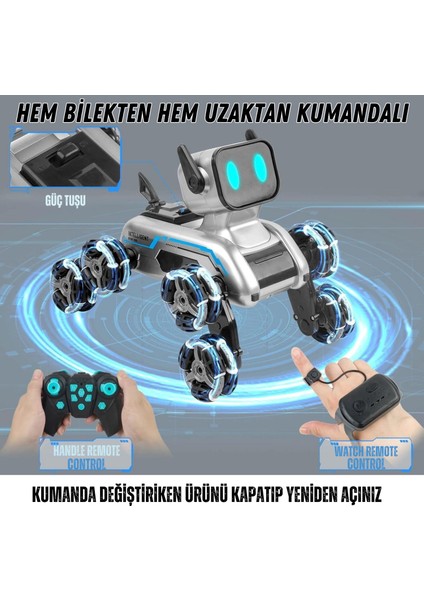 Oyuncak 2.4 Ghz Uzaktan ve Bilekten Kumandalı Şarjlı 8 Teker Akrobat Robot Köoek Müzikli ve LED Işık