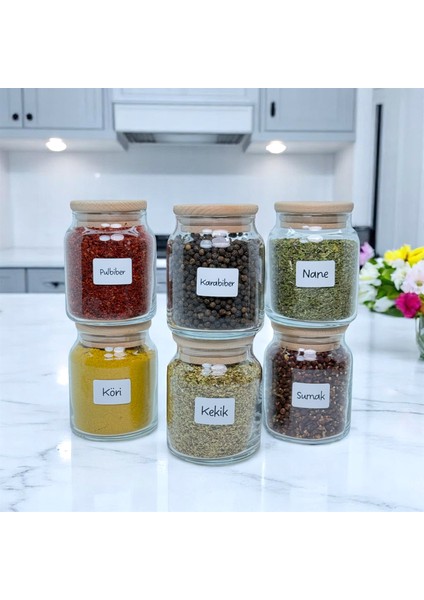 6'lı Ahşap Bambu Vakum Kapaklı Cam Baharat Seti 300 ml Etiket ve Kaşık Hediyeli
