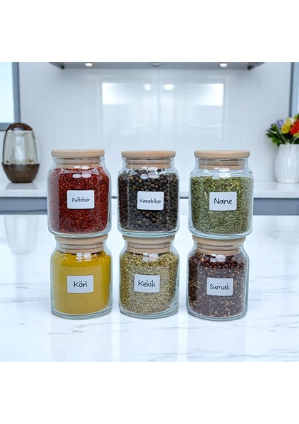 6'lı Ahşap Bambu Vakum Kapaklı Cam Baharat Seti 300 ml Etiket ve Kaşık Hediyeli fiyatları