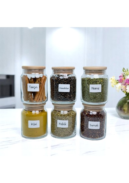 6'lı Ahşap Bambu Vakum Kapaklı Cam Baharat Seti 300 ml Etiket ve Kaşık Hediyeli modelleri