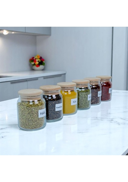 6'lı Ahşap Bambu Vakum Kapaklı Cam Baharat Seti 300 ml Etiket ve Kaşık Hediyeli fırsatları