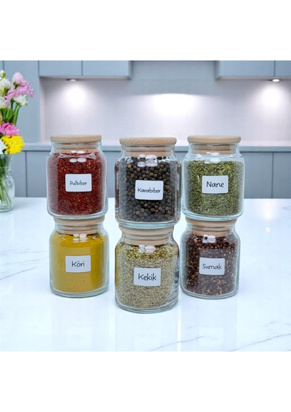 6'lı Ahşap Bambu Vakum Kapaklı Cam Baharat Seti 300 ml Etiket ve Kaşık Hediyeli indirimleri
