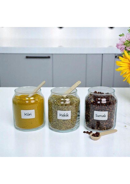 6'lı Ahşap Bambu Vakum Kapaklı Cam Baharat Seti 300 ml Etiket ve Kaşık Hediyeli