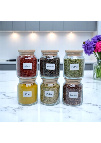 6'lı Ahşap Bambu Vakum Kapaklı Cam Baharat Seti 300 ml Etiket ve Kaşık Hediyeli