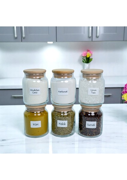 6'lı Ahşap Bambu Vakum Kapaklı Cam Baharat Seti 300 ml Etiket ve Kaşık Hediyeli
