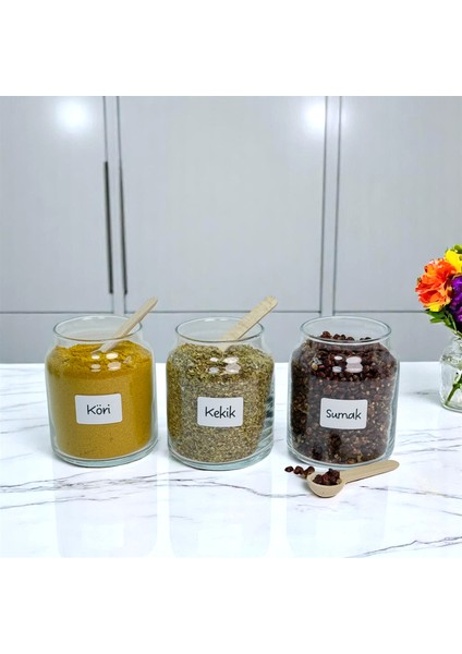6'lı Ahşap Bambu Vakum Kapaklı Cam Baharat Seti 300 ml Etiket ve Kaşık Hediyeli