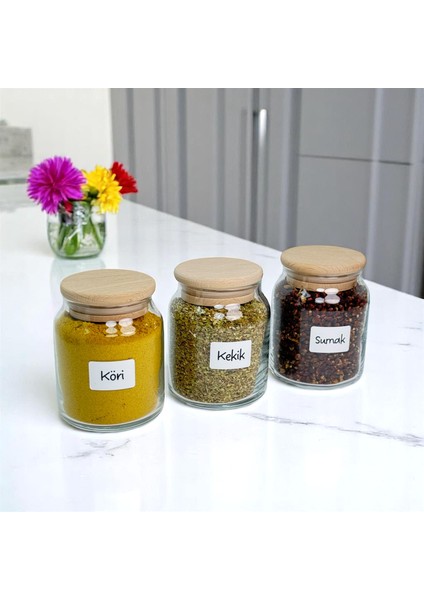 6'lı Ahşap Bambu Vakum Kapaklı Cam Baharat Seti 300 ml Etiket ve Kaşık Hediyeli