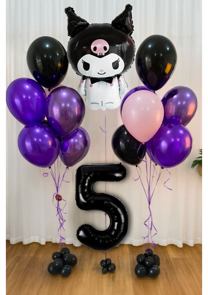 Kuromi 1-9 Yaş Doğum Günü Balon Seti Siyah Rakam Pembe Metalik Mor Siyah Helyum Uyumlu Uçan Balon
