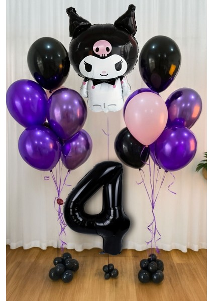 Kuromi 1-9 Yaş Doğum Günü Balon Seti Siyah Rakam Pembe Metalik Mor Siyah Helyum Uyumlu Uçan Balon