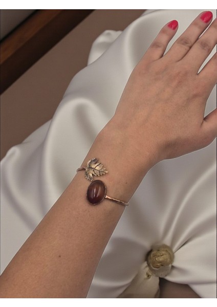 Akik Doğal Taşlı Çınar Yaprağı Figürlü Saf Bakır Otantik Bilezik