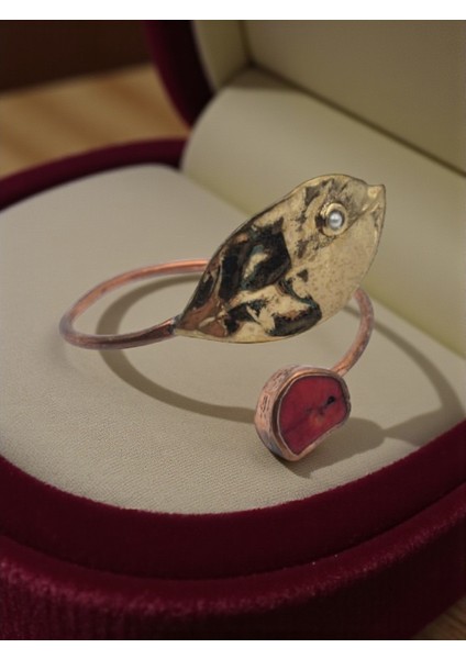 Kırmızı Jasper Doğal Taşlı Defne Yaprağı Figürlü Saf Bakır Model Otantik Bilezik