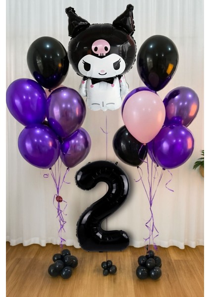 Kuromi 1-9 Yaş Doğum Günü Balon Seti Siyah Rakam Pembe Metalik Mor Siyah Helyum Uyumlu Uçan Balon