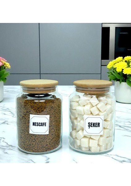 2'li Ahşap Vakum Kapaklı Cam Hazır Kahve Şeker Saklama Kavanozu Seti 800 ml Etiket Hediyeli