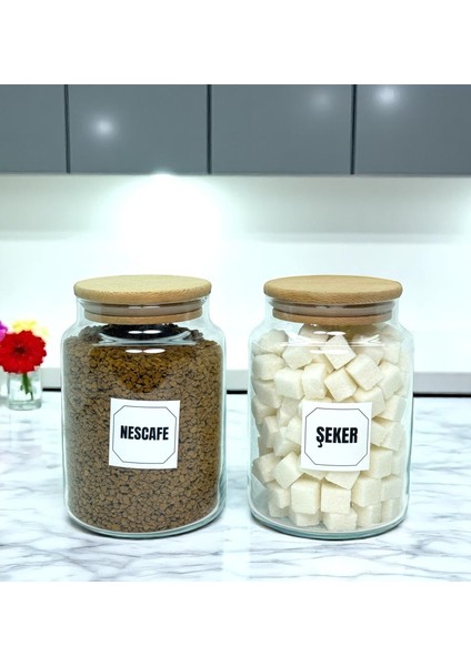 2'li Ahşap Vakum Kapaklı Cam Hazır Kahve Şeker Saklama Kavanozu Seti 800 ml Etiket Hediyeli modelleri