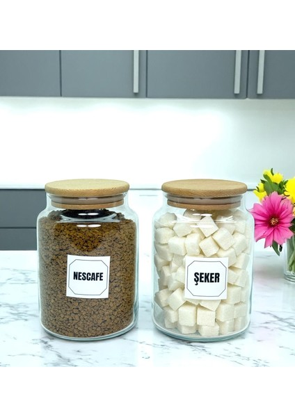 2'li Ahşap Vakum Kapaklı Cam Hazır Kahve Şeker Saklama Kavanozu Seti 800 ml Etiket Hediyeli