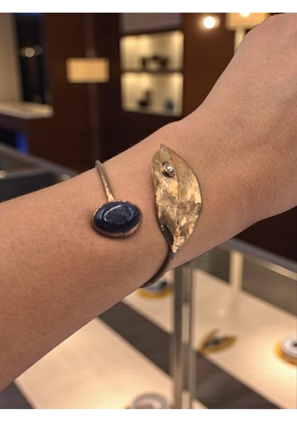 Lacivert Yıldız Doğal Taşlı Defne Yaprağı Figürlü Saf Bakır Model Otantik Bilezik