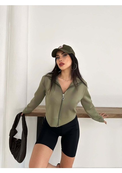 Scuba Kumaş Uzun Kollu Fermuarlı Crop Spor Ceket Fıstık Yeşili modelleri